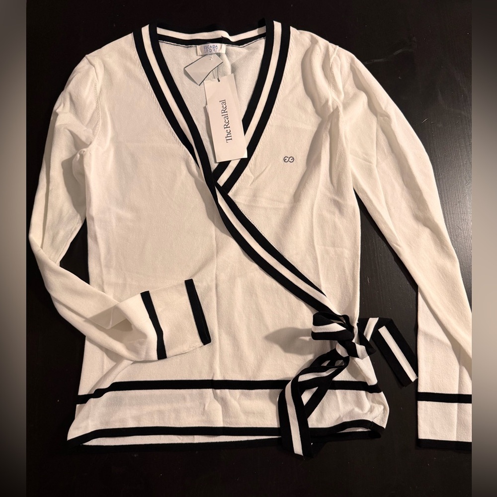 Escada Sport Knit White Wrap Top with Black Accents